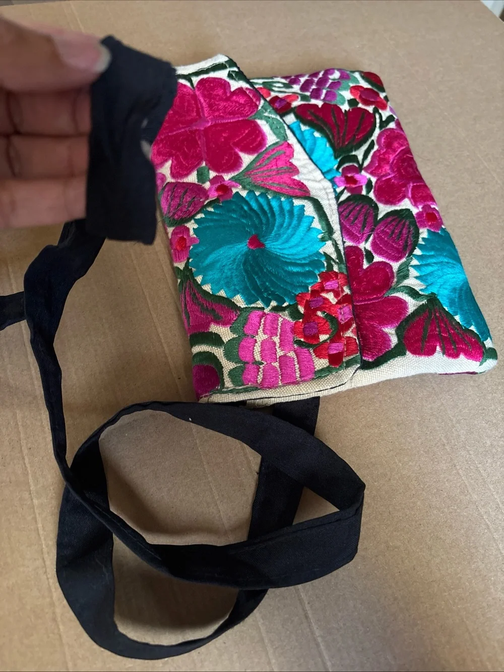 Mexican Boho Embroidered Floral Crossbody Bag in Pink & Teal w defects vintage - Picture 16 of 16